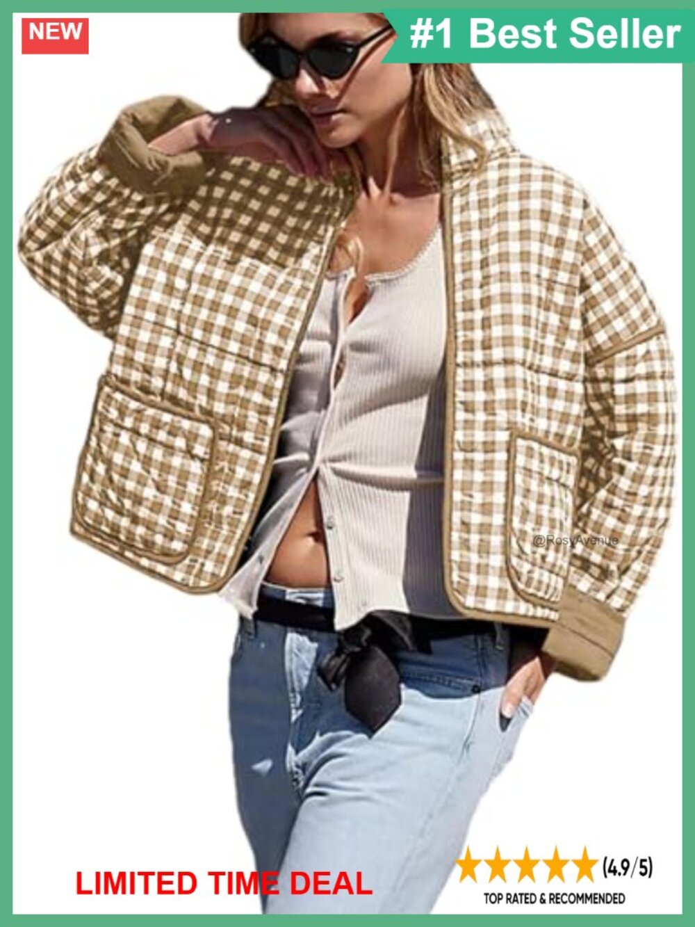 Cropped Quilted Puffer Jacket Plaid Print Lightweight Zip Up Coat